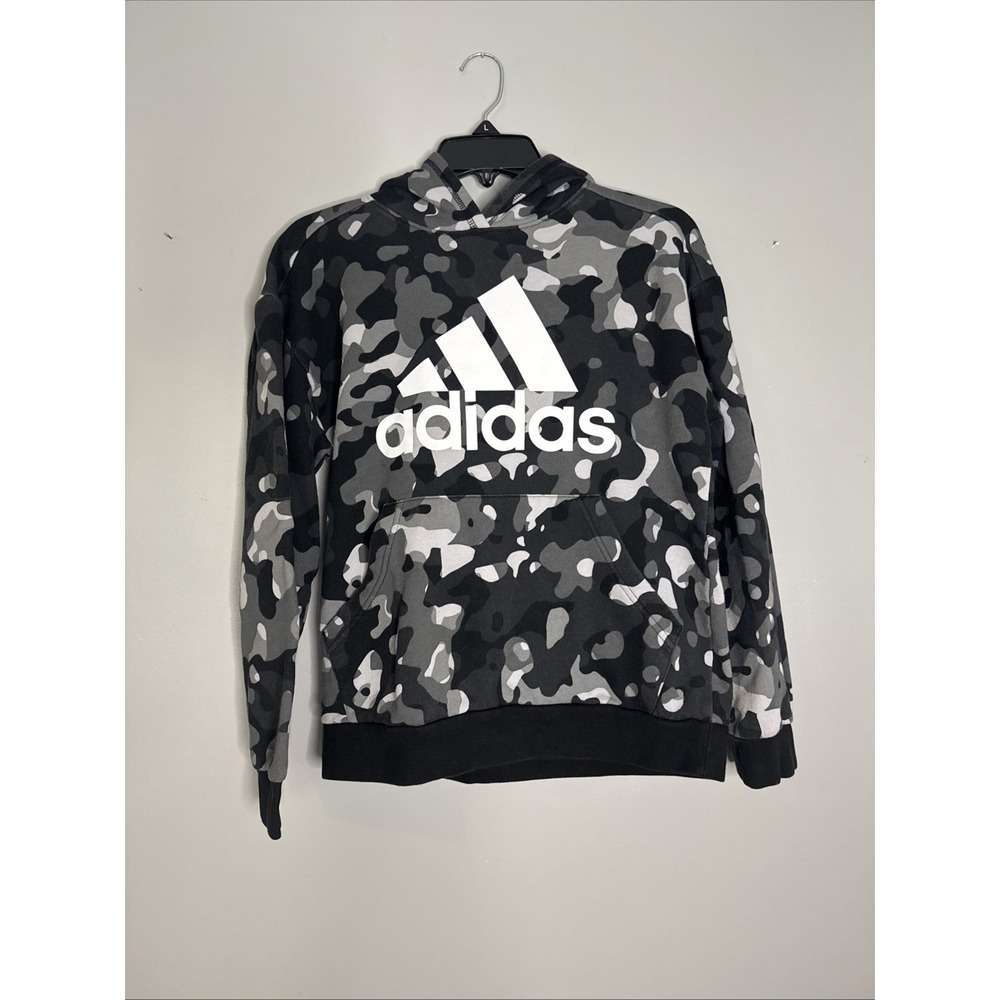 Adidas Hoodie Youth‎ Large 14‑16 Gray Black Camo Logo Pullover Sweatshirt